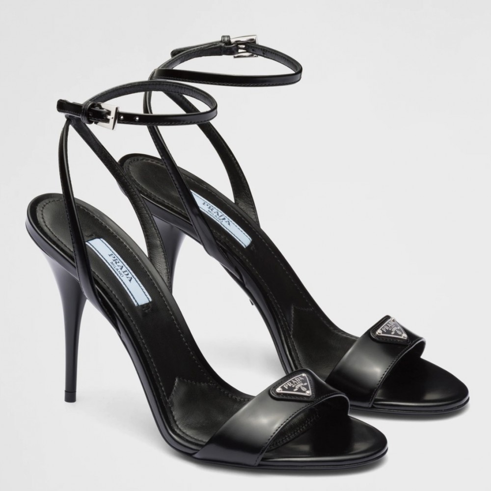 Prada Heel Sandals 85mm In Black Brushed Leather TDSS13709