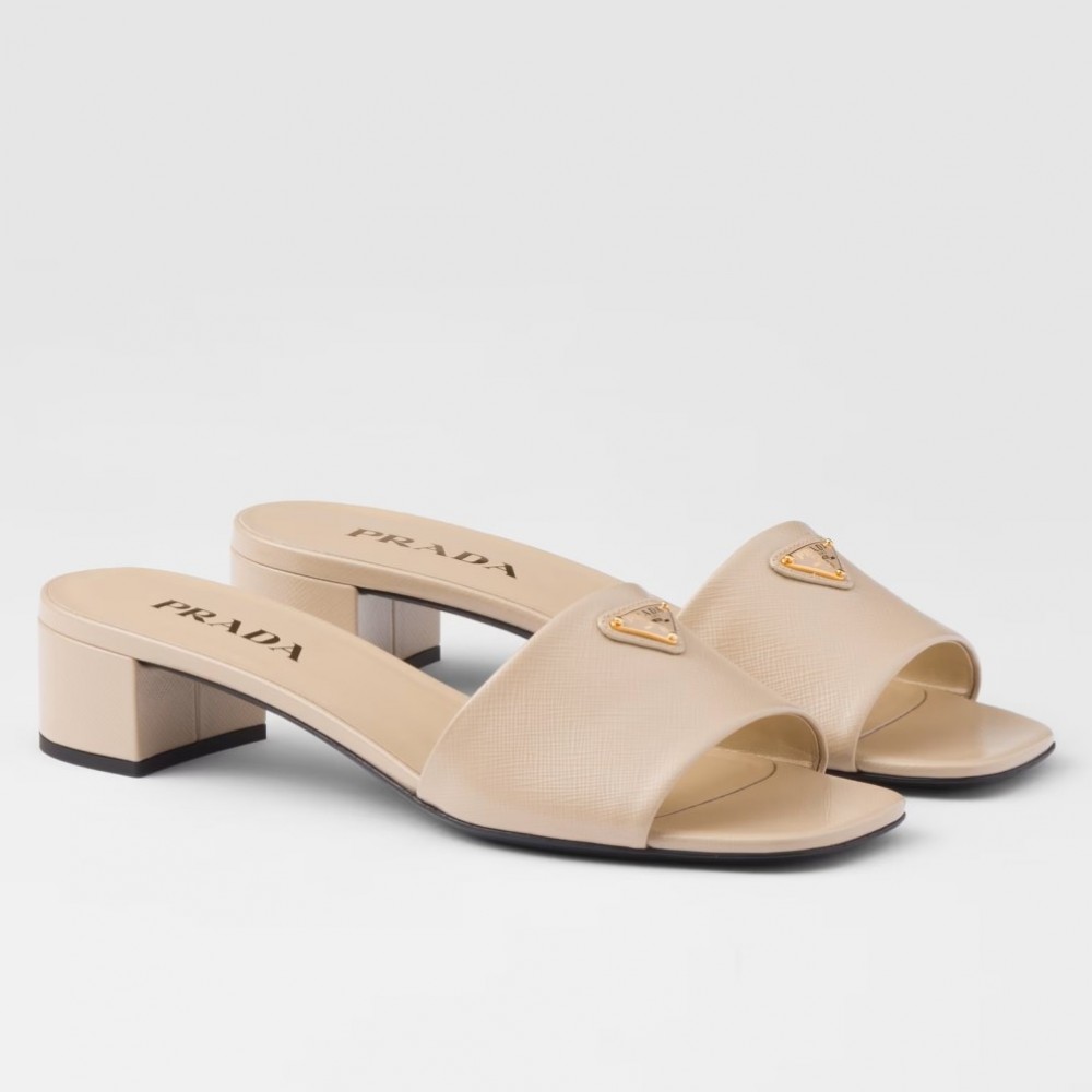 Prada Heeled Sandals 35mm in Beige Saffiano Leather TDSS13712