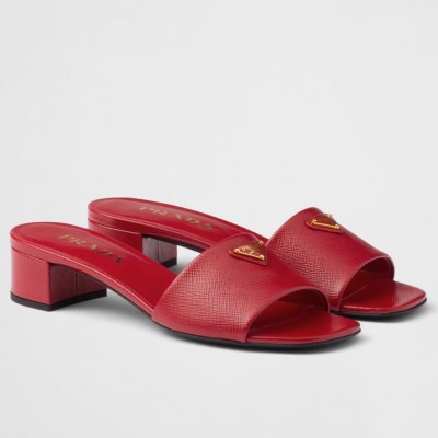 Prada Heeled Sandals 35mm in Red Saffiano Leather TDSS13714