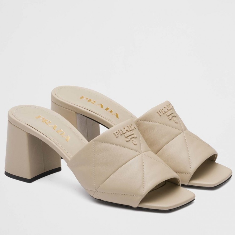 Prada Heeled Slide Sandals 65mm In Beige Nappa Leather TDSS13719