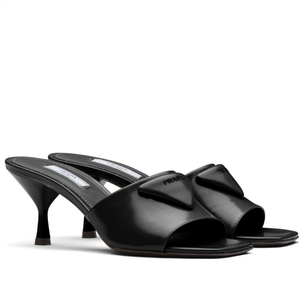 Prada Heeled Slide Sandals 65mm In Black Leather TDSS13721