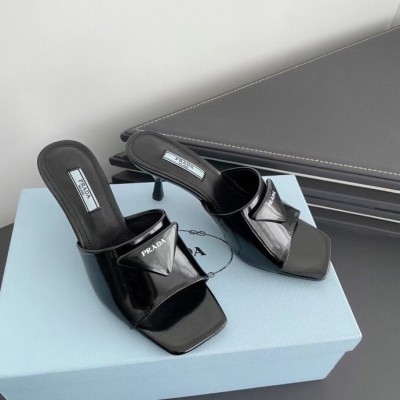 Prada Heeled Slide Sandals 65mm In Black Leather TDSS13721