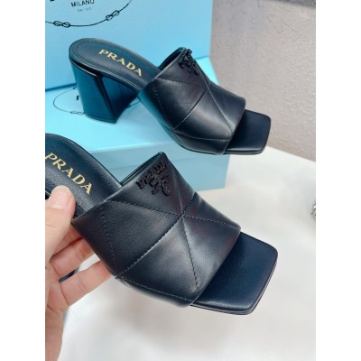 Prada Heeled Slide Sandals 65mm In Black Nappa Leather TDSS13722