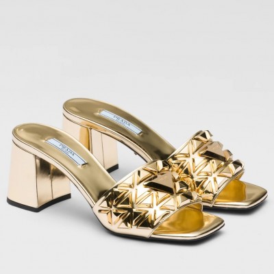 Prada Heeled Slide Sandals 65mm In Gold Metallic Leather TDSS13723