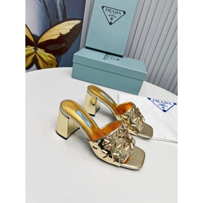 Prada Heeled Slide Sandals 65mm In Gold Metallic Leather TDSS13723