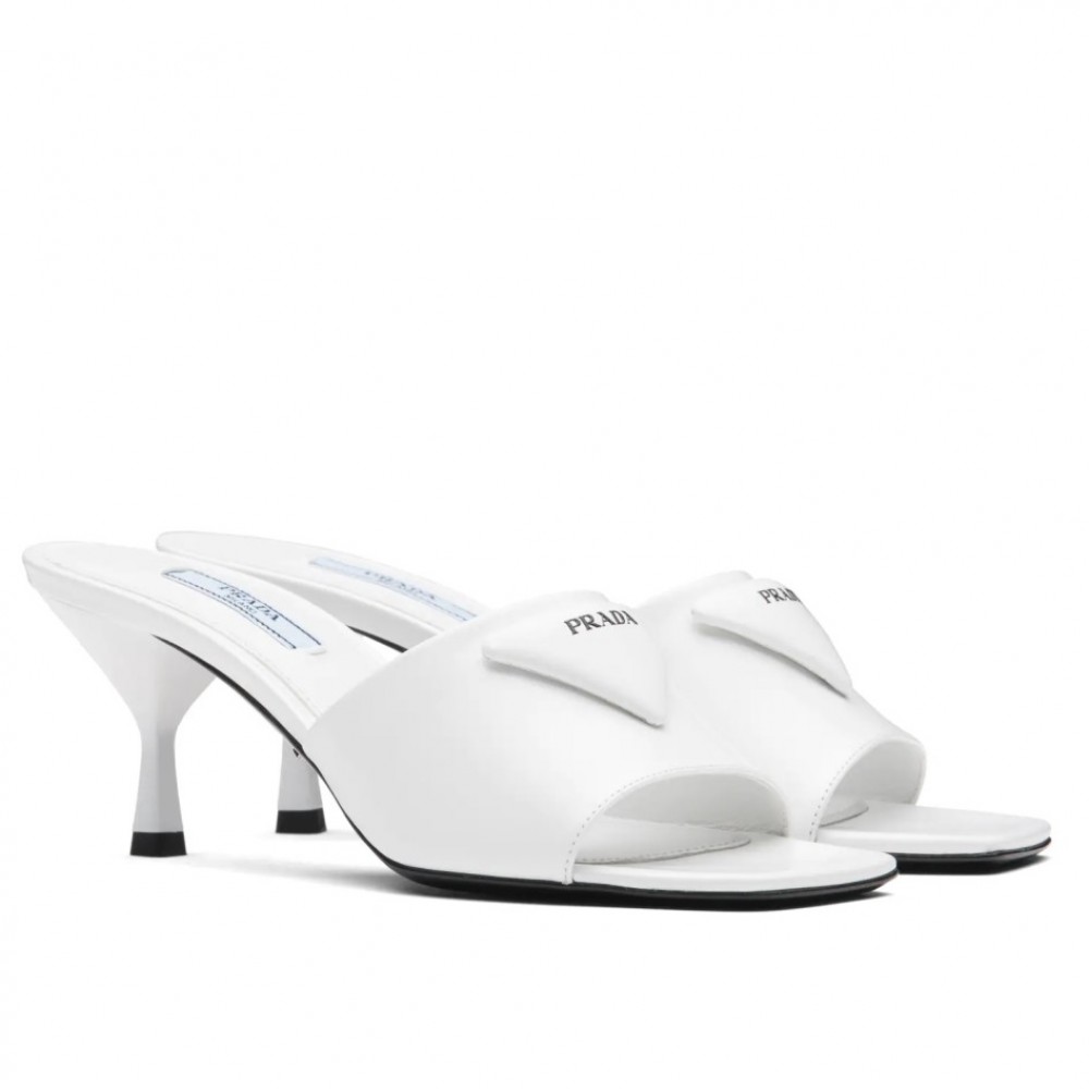 Prada Heeled Slide Sandals 65mm In White Leather TDSS13724