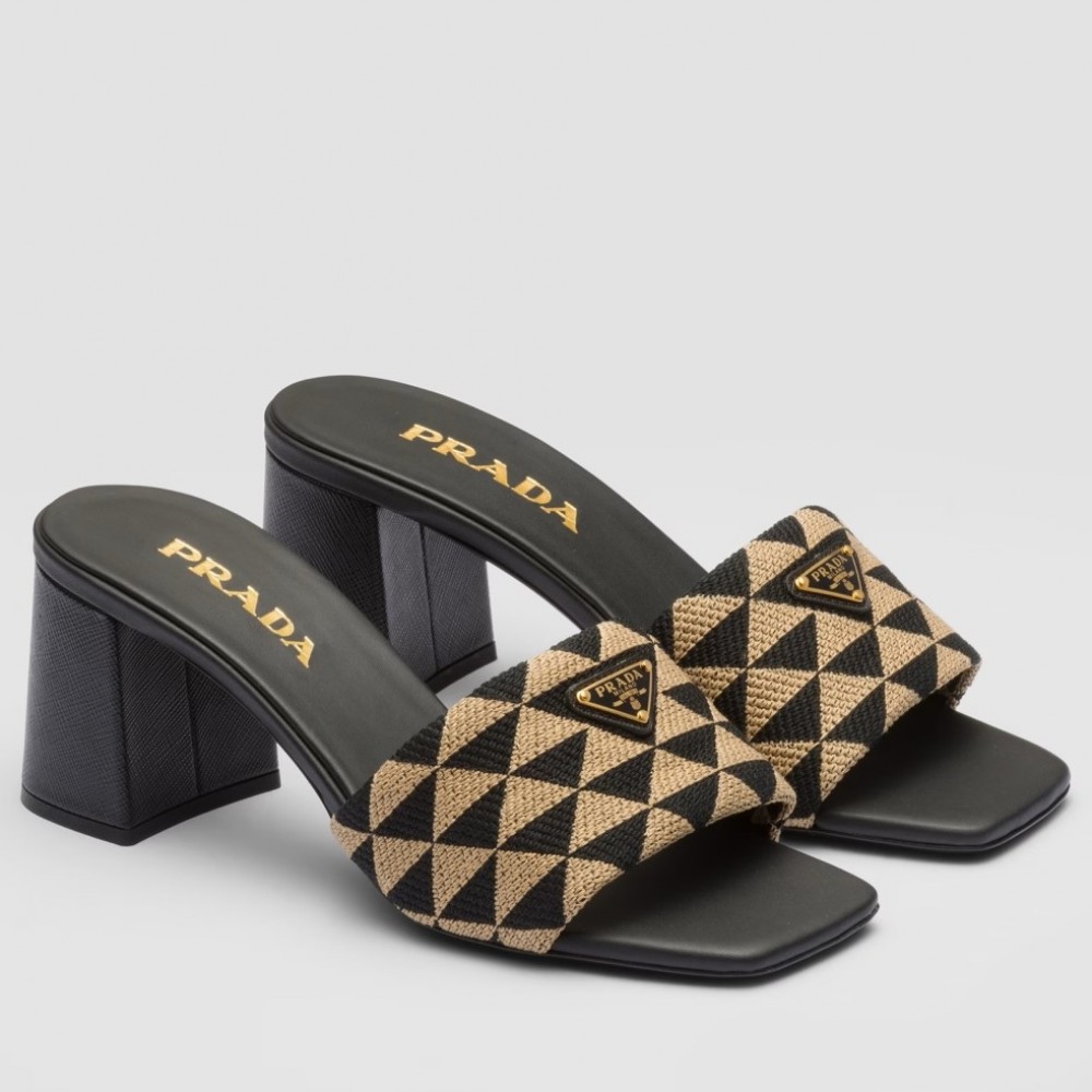 Prada Heeled Slide Sandals 65mm in Black and Beige Fabric TDSS13720