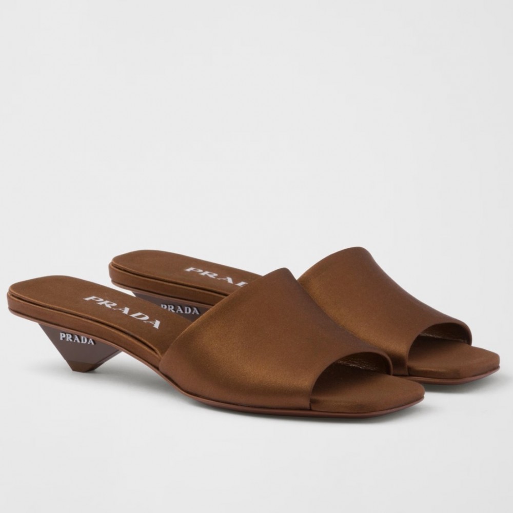 Prada Heeled Slides 35mm in Tobacco Satin TDSS13727