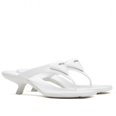 Prada Heeled Thong Sandals In White Brushed Leather TDSS13730