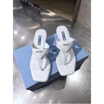 Prada Heeled Thong Sandals In White Brushed Leather TDSS13730