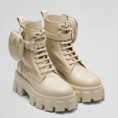 Prada Monolith Boots in Beige Leather and Nylon Fabric TDSS13750