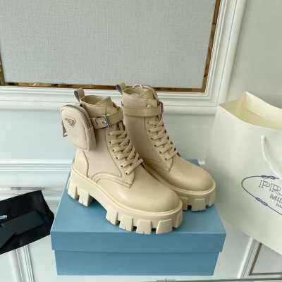 Prada Monolith Boots in Beige Leather and Nylon Fabric TDSS13750