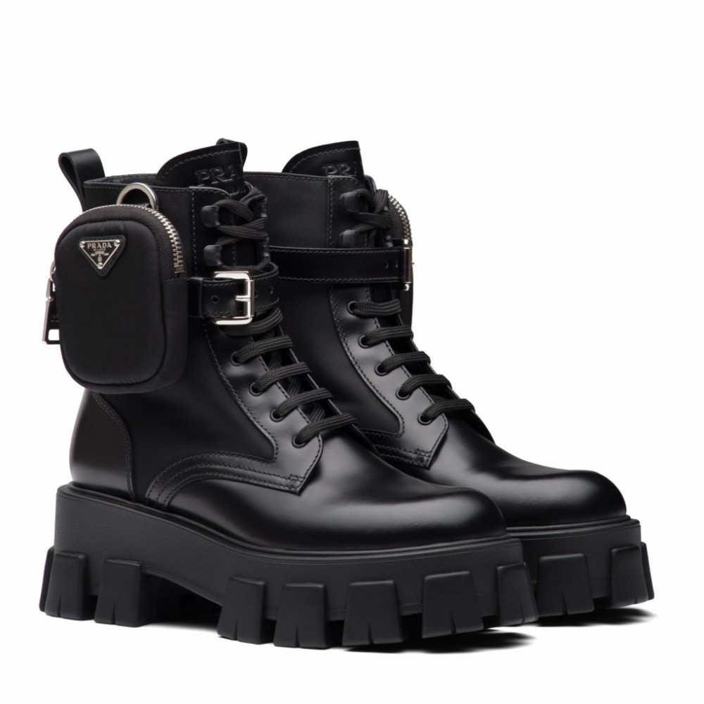 Prada Monolith Boots in Black Leather and Nylon Fabric TDSS13751