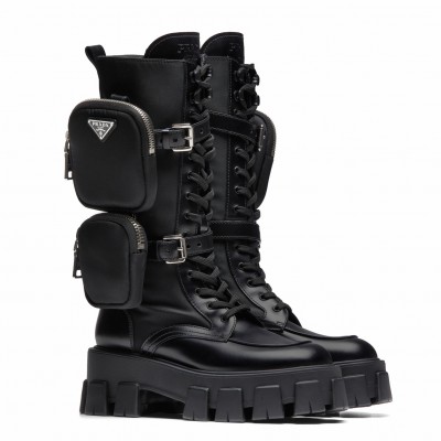 Prada Monolith Boots in Noir Leather and Nylon Fabric TDSS13752