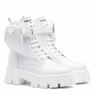 Prada Monolith Boots in White Leather and Nylon Fabric TDSS13753