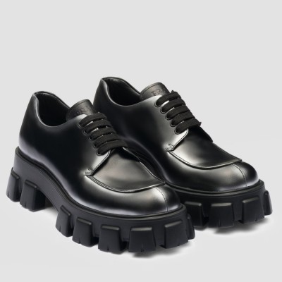 Prada Monolith Lace-up Loafers in Black Brushed Leather TDSS13758