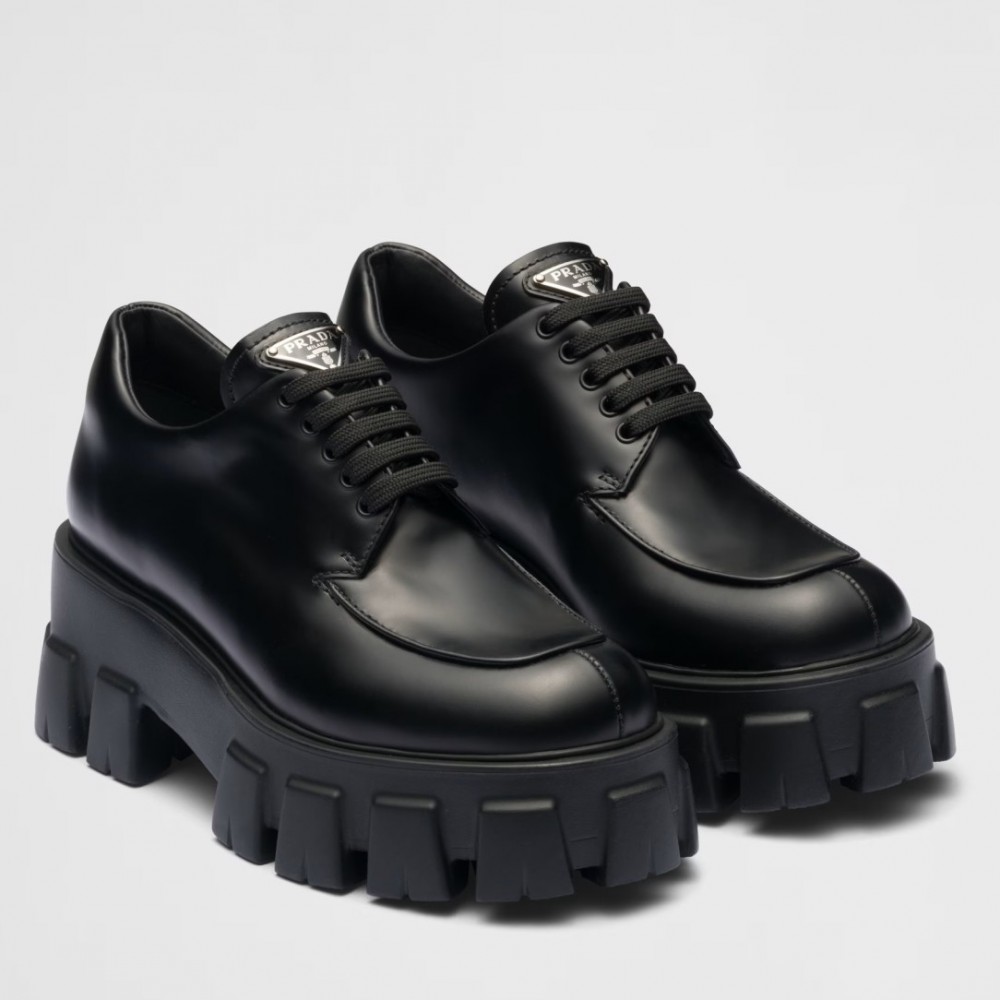 Prada Monolith Lace-up Shoes in Black Brushed Leather TDSS13759