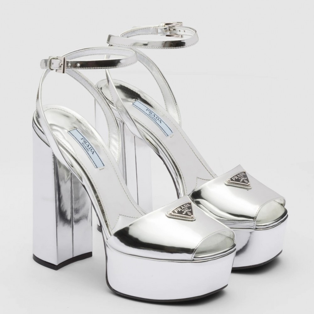 Prada Platform Sandals 135mm In Silver Metallic Leather TDSS13771