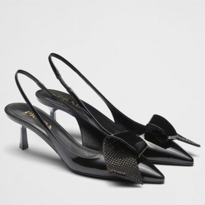 Prada Slingback Pumps 55mm in Black Patent with Crystals Ornament TDSS13798