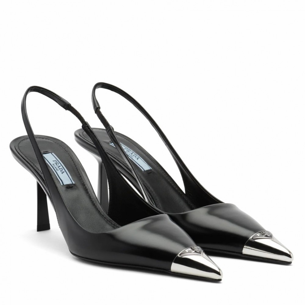 Prada Slingback Pumps 75MM In Black Brushed Leather TDSS13801