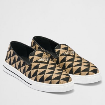 Prada Slip-on Sneakers in Black/Beige Embroidered Fabric TDSS13822