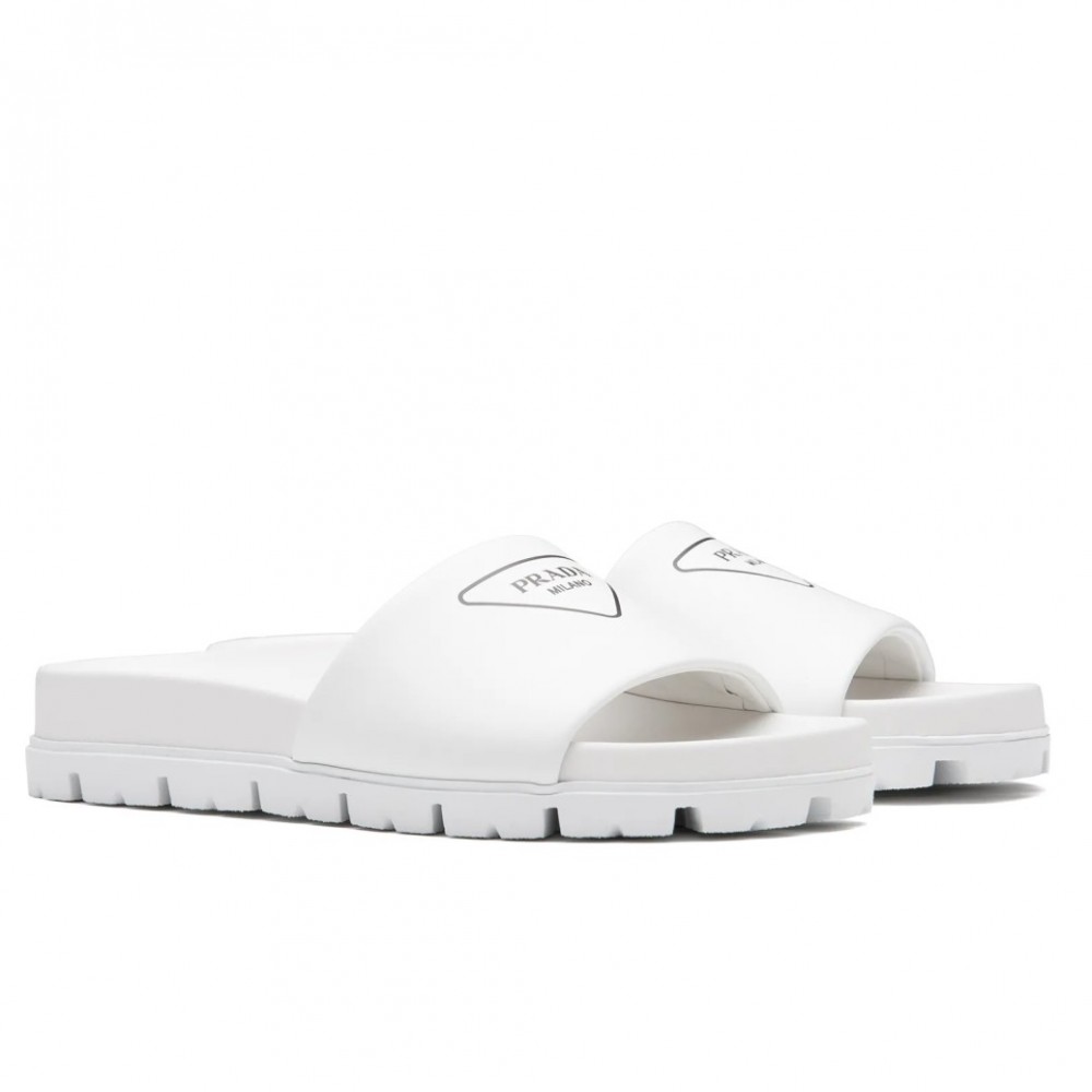 Prada White Leather Slides with Printed Triangle Logo TDSS13826