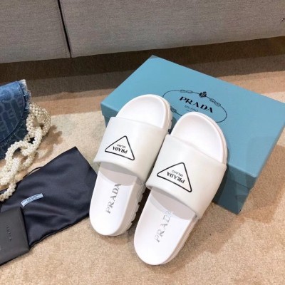 Prada White Leather Slides with Printed Triangle Logo TDSS13826