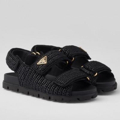 Prada Crochet Sandals in Black Raffia TDSS13829