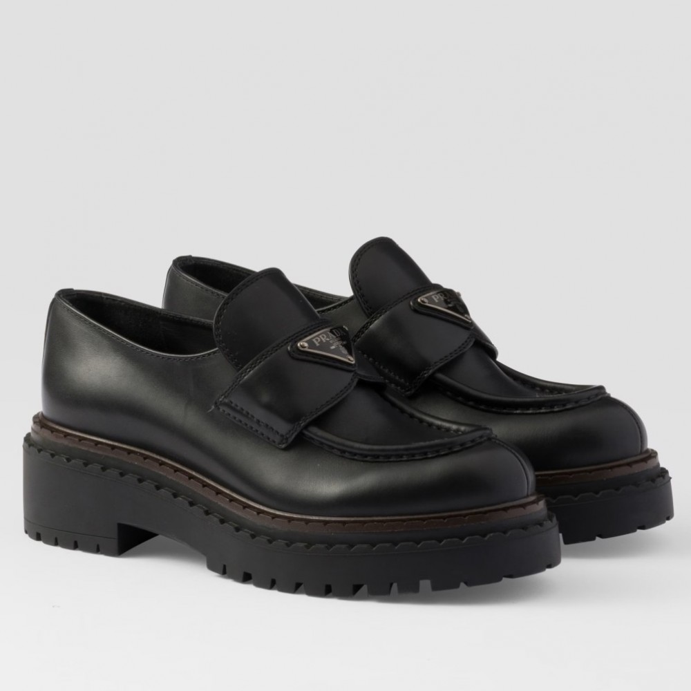 Prada Double Chocolate Loafers in Black Leather TDSS13831