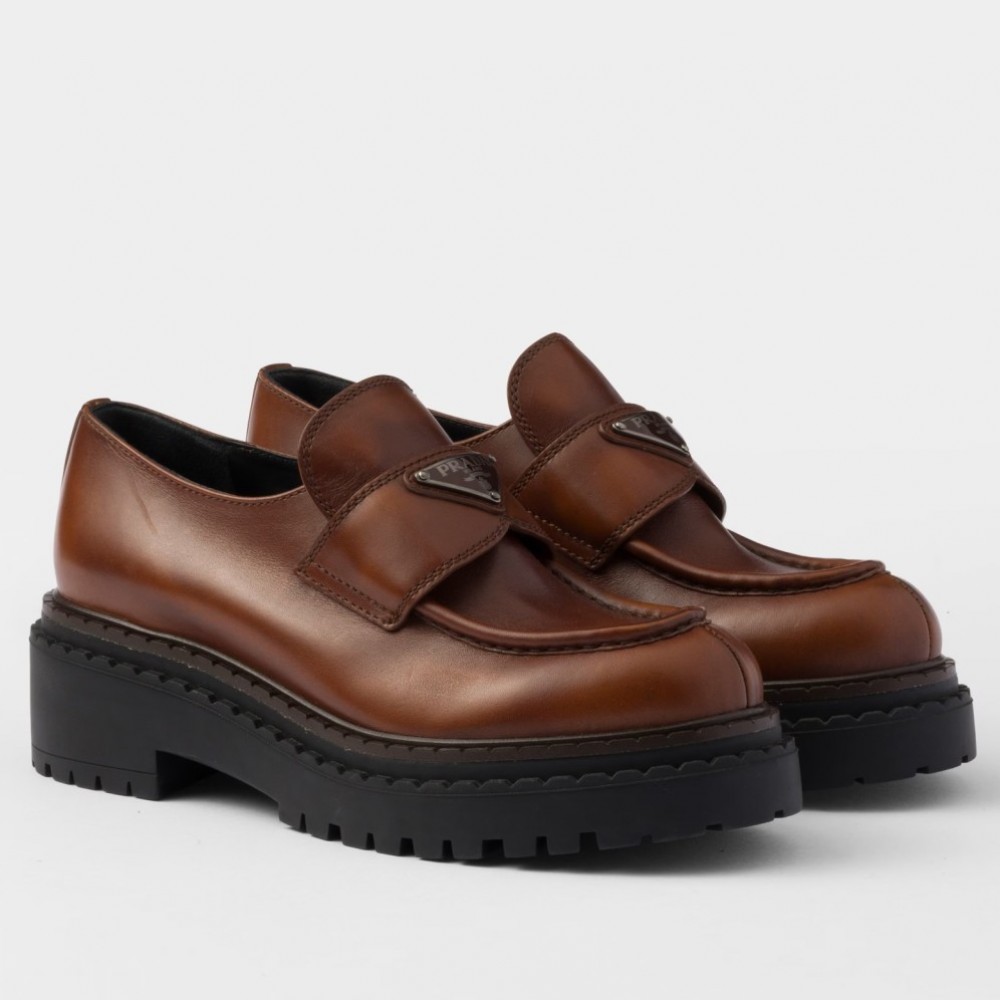 Prada Double Chocolate Loafers in Cognac Leather TDSS13832