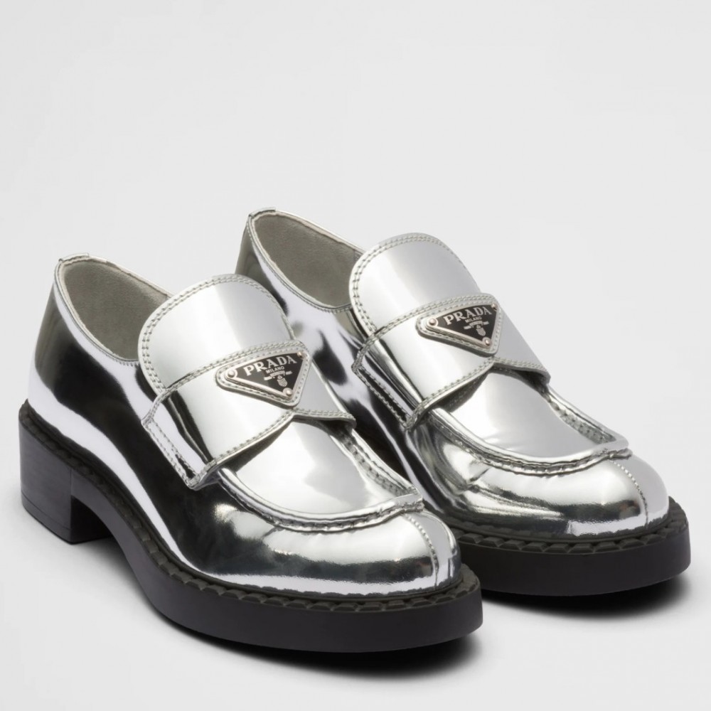 Prada Loafers In Silver Metallic Leather TDSS13840