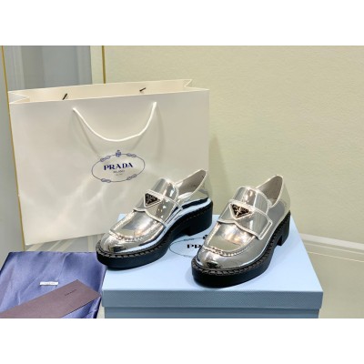 Prada Loafers In Silver Metallic Leather TDSS13840