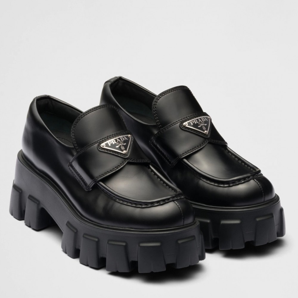 Prada Monolith Loafers In Black Brushed Leather TDSS13848