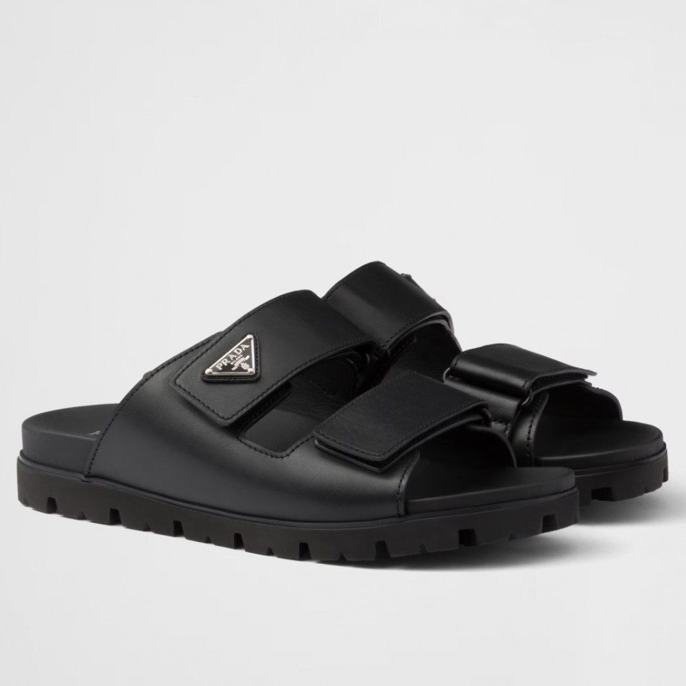 Prada Strap Slides Sandals in Black Calfskin TDSS13877