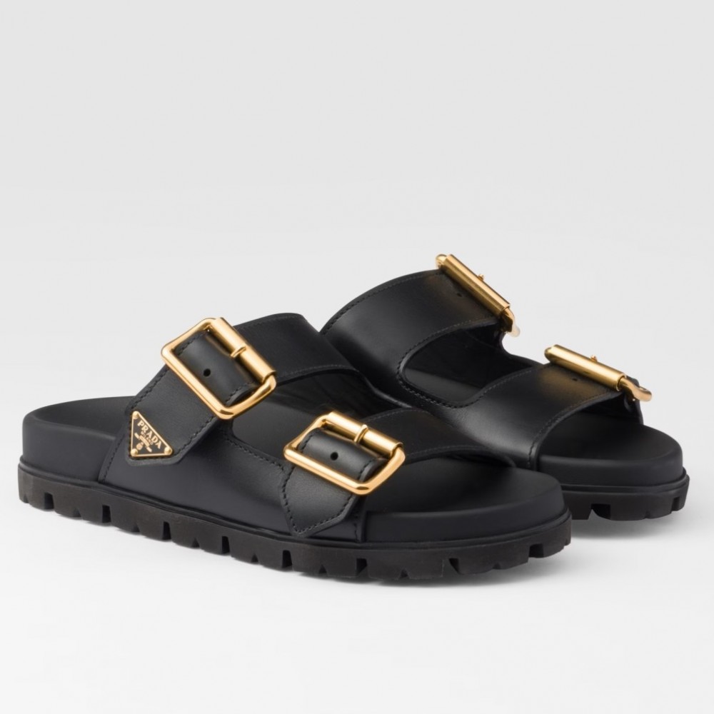 Prada Strap Slides Sandals in Black Leather TDSS13878