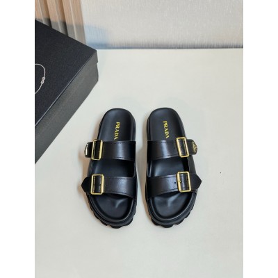 Prada Strap Slides Sandals in Black Leather TDSS13878