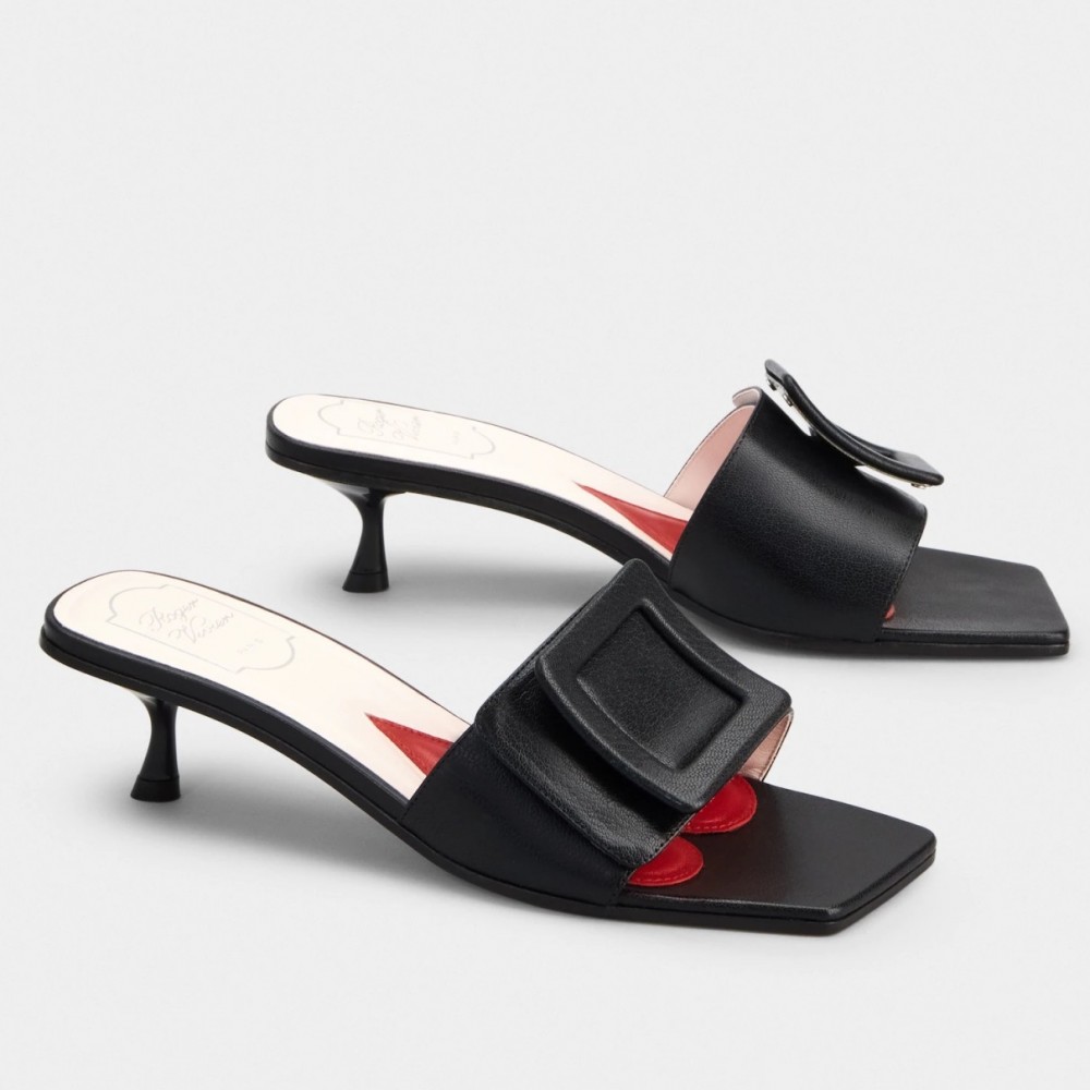 Roger Vivier Covered Buckle 45mm Mules in Black Leather TDSS13896