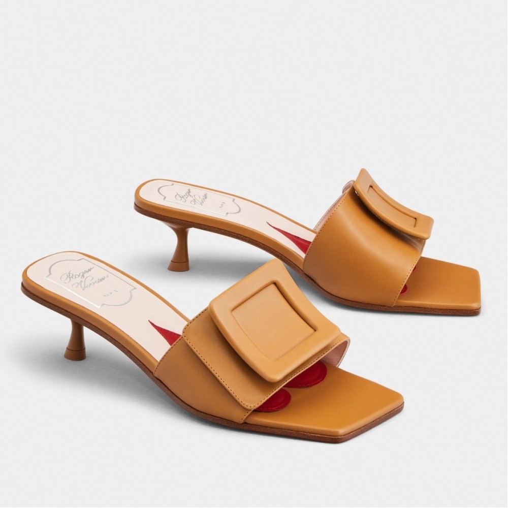 Roger Vivier Covered Buckle 45mm Mules in Brown Leather TDSS13898