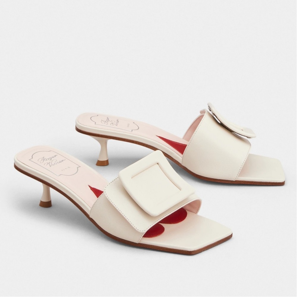 Roger Vivier Covered Buckle 45mm Mules in White Leather TDSS13899