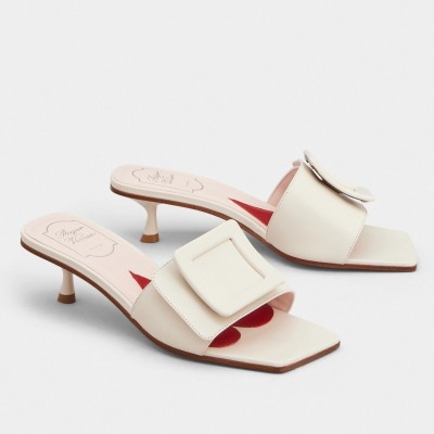 Roger Vivier Covered Buckle 45mm Mules in White Leather TDSS13899