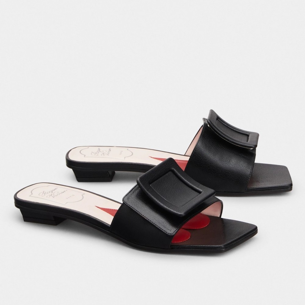 Roger Vivier Covered Buckle Mules in Black Leather TDSS13900