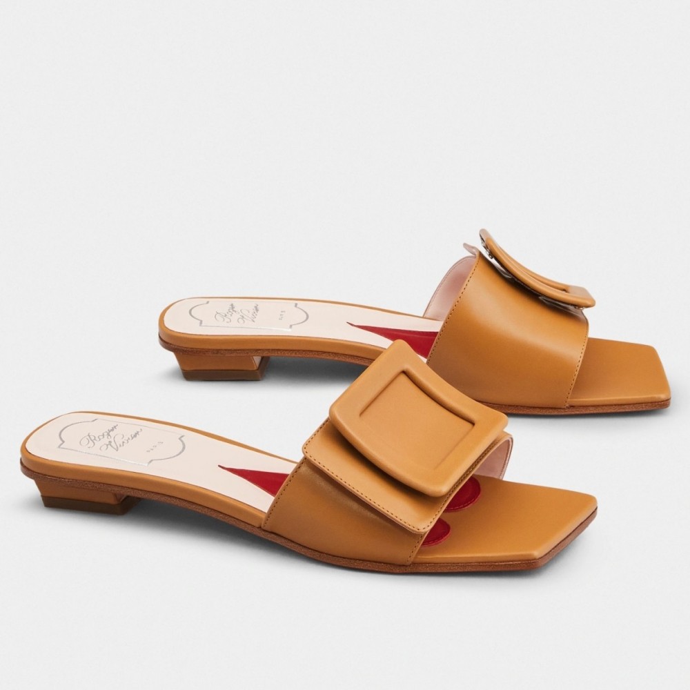 Roger Vivier Covered Buckle Mules in Brown Leather TDSS13901