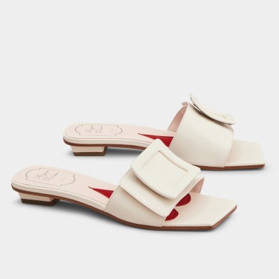 Roger Vivier Covered Buckle Mules in White Leather TDSS13902