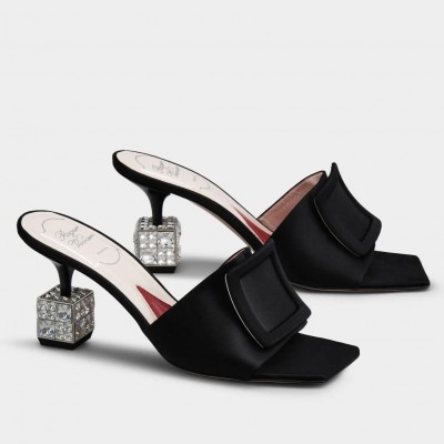 Roger Vivier Cube Strass Heel Mules in Black Satin TDSS13903