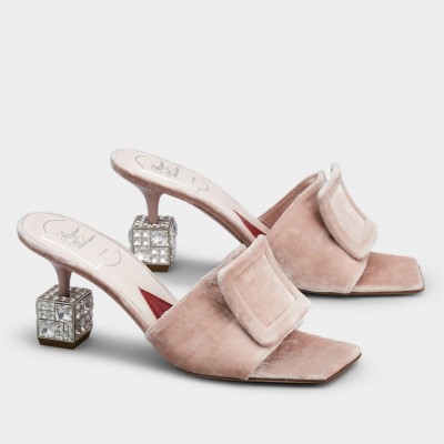 Roger Vivier Cube Strass Heel Mules in Pink Velvet TDSS13904