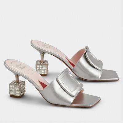 Roger Vivier Cube Strass Heel Mules in Silver Metallic Leather TDSS13905