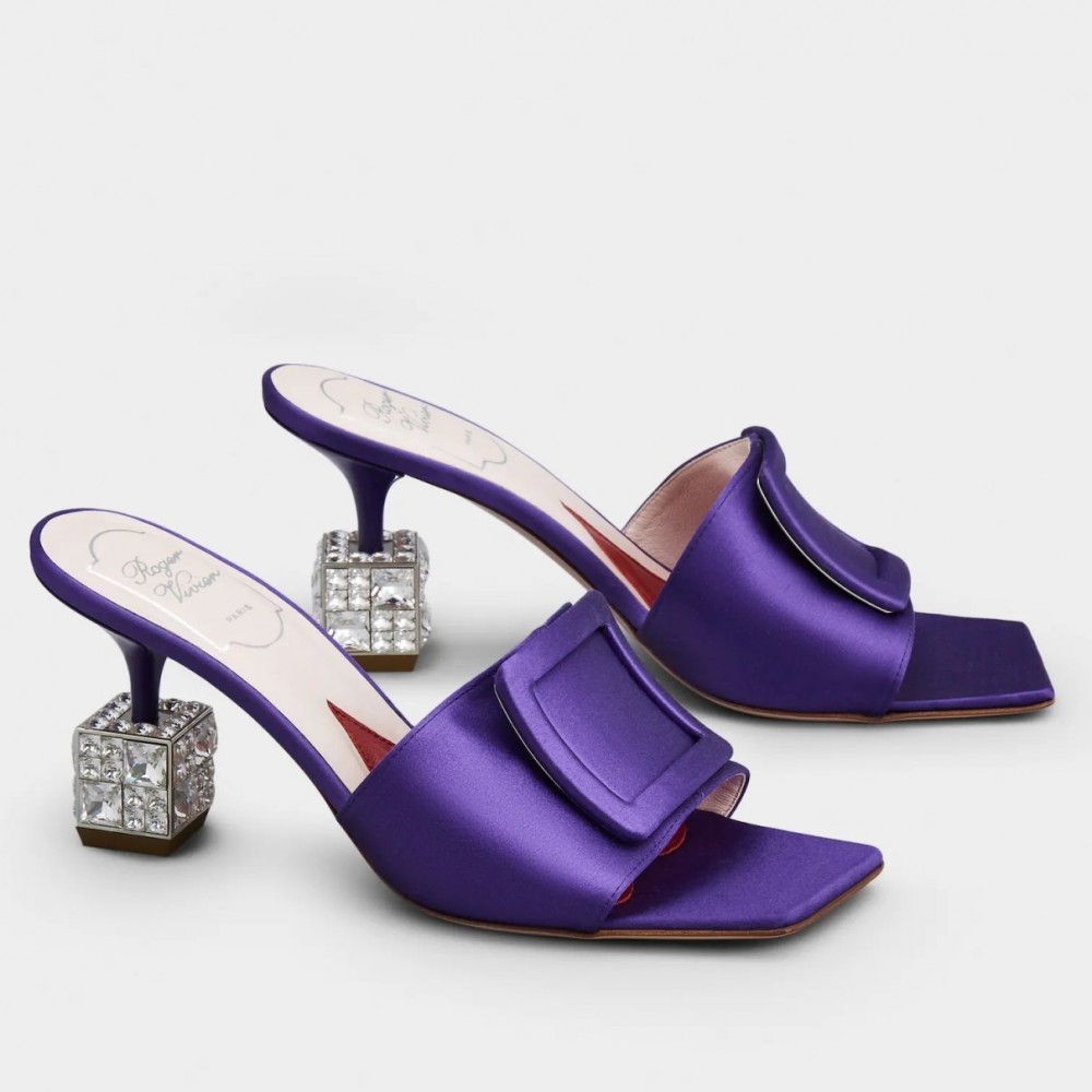 Roger Vivier Cube Strass Heel Mules in Violet Satin TDSS13906