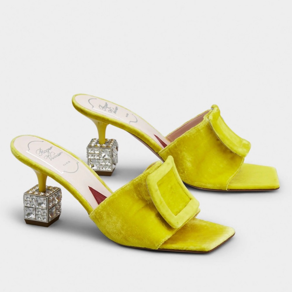 Roger Vivier Cube Strass Heel Mules in Yellow Velvet TDSS13907