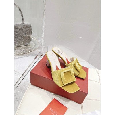 Roger Vivier Cube Strass Heel Mules in Yellow Velvet TDSS13907