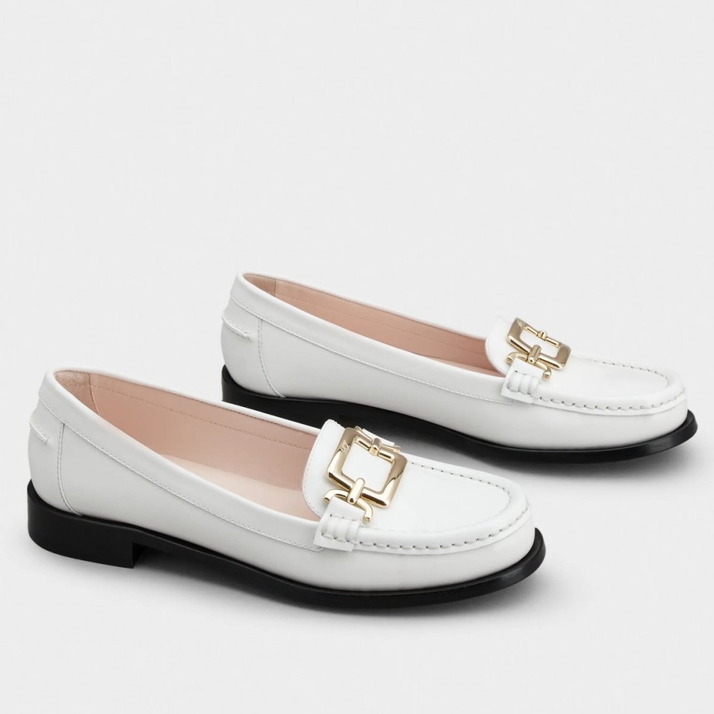 Roger Vivier Metal Buckle Morsetto Loafers in White Patent Leather TDSS13910